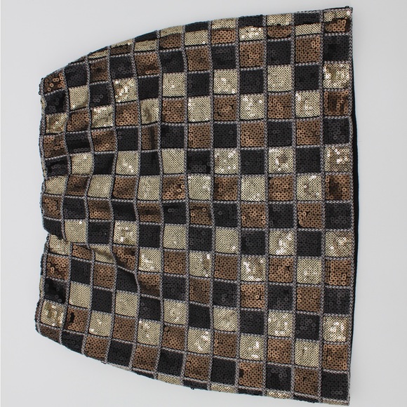 ROMEO & JULIETTE Sequin Mini Skirt Gold Black Brown Check Elastic Waist M - Picture 5 of 9